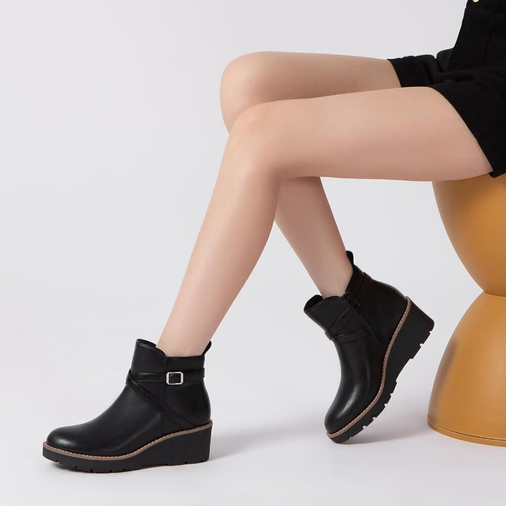 Women's Black Wedge Ankle Boots Platform Lug Sole Buckle Zip Short Booties - Picture 6 of 6